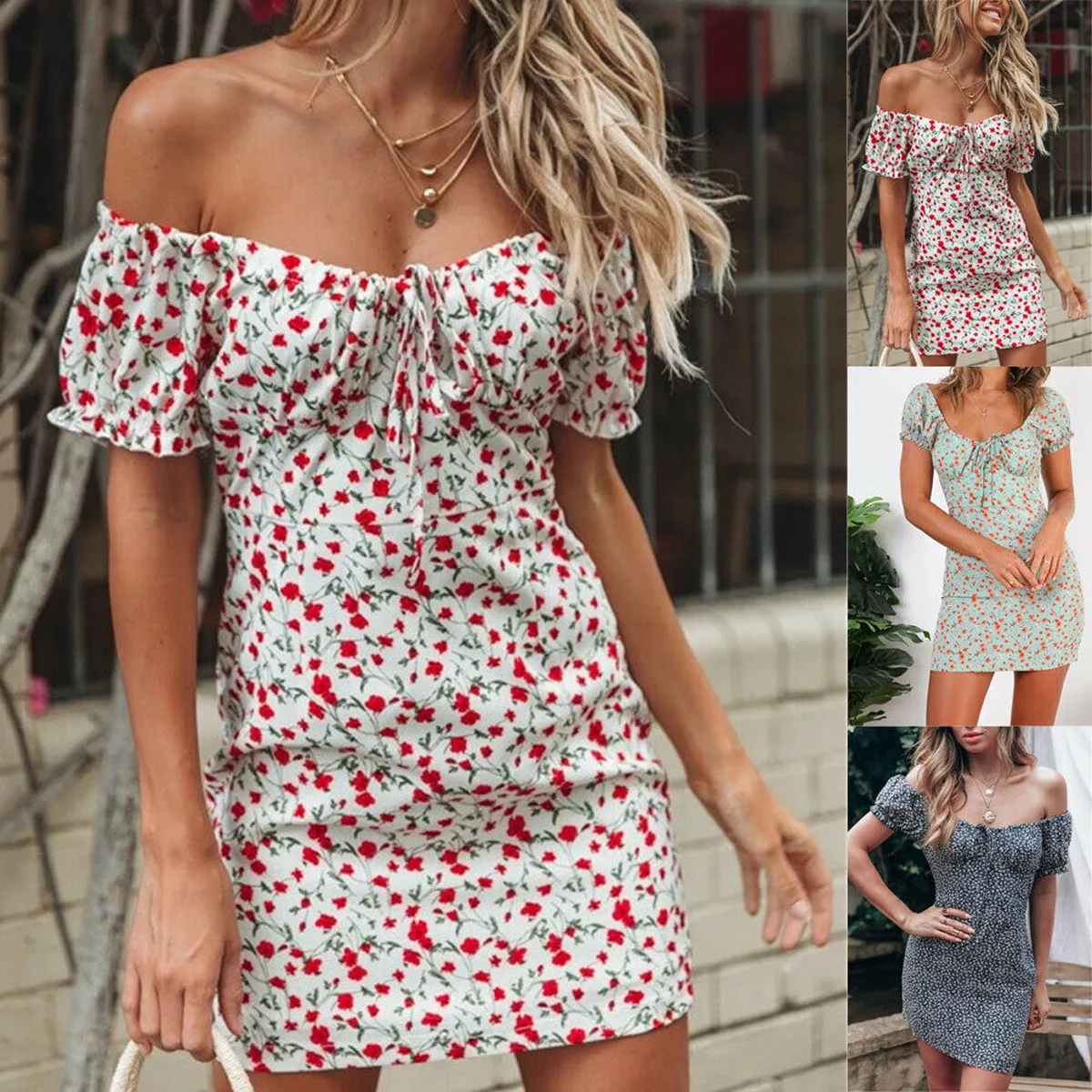 

Women New Summer Dresses Off Shoulder Wrap Boho Floral Mini Print Short Sleeve Evening Party Dress Ladies Holiday Beach Dress