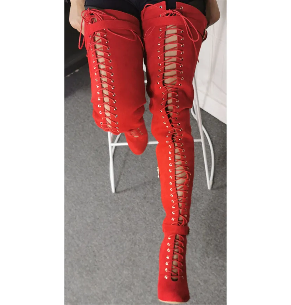 

High Quality Leather Over Knee Boots Rihanna Style Thigh High Booties Sexy Pointed Toe Cross Tied Zip Woman Shoes Big Size47 52