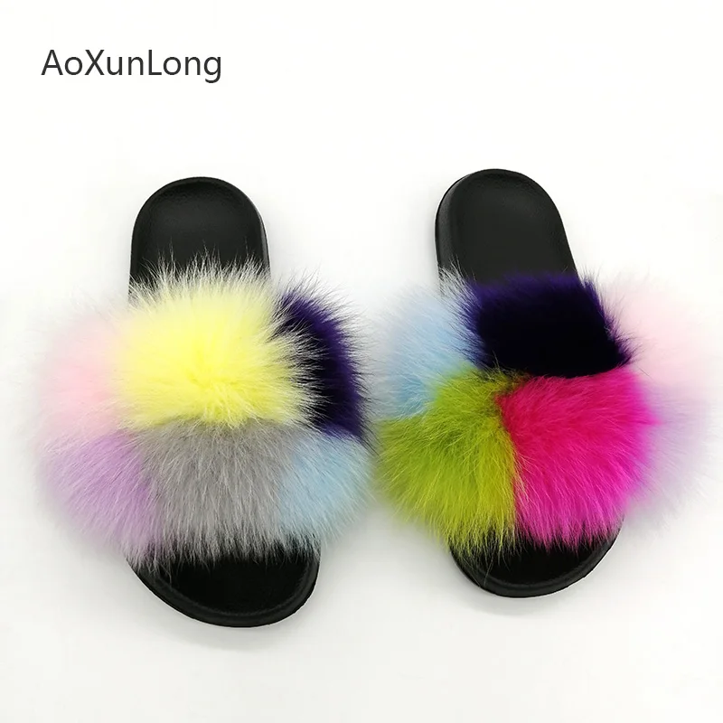 as pic shows 12 Women Fox Fur Slippers Real Fox Fur Slides Lovely Plush Slippers Woman Summer Home Sandals Women Fur Slides Furry Flip Flops Hot - Цвет: as pic shows 12