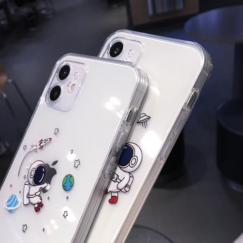 

Cute Cartoon Astronaut Planet Clear Phone Case For iPhone 12 Pro Max Mini 11 X XS XR 7 8 Plus Funny Transparent Soft TPU Cover