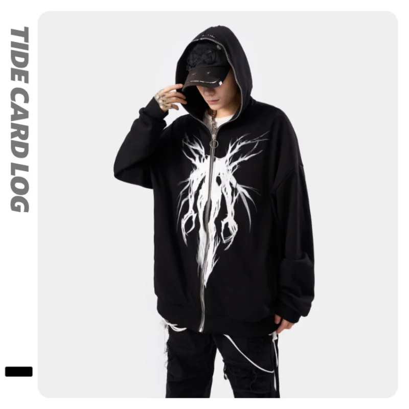 100% Cotton Men's Women's Clothing Loose Personalized Print Shirt Cardigan High Street Casual Hip Hop Zipper Jacket for Couples |