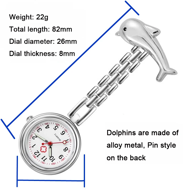 Dolphin Nurse Watch 5pcs fish-shaped Doctor Hanging Clock Noctilucent Cartoon Alloy Student Nurse Hospital Pocket Watch Silver