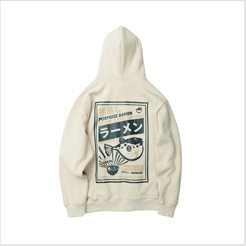 

Puffer Fish Ramen Print Fleece Hoodies Hip Hop Casual Pullover Hooded Sweatshirt Men Harajuku Casual Fashion Streetwear