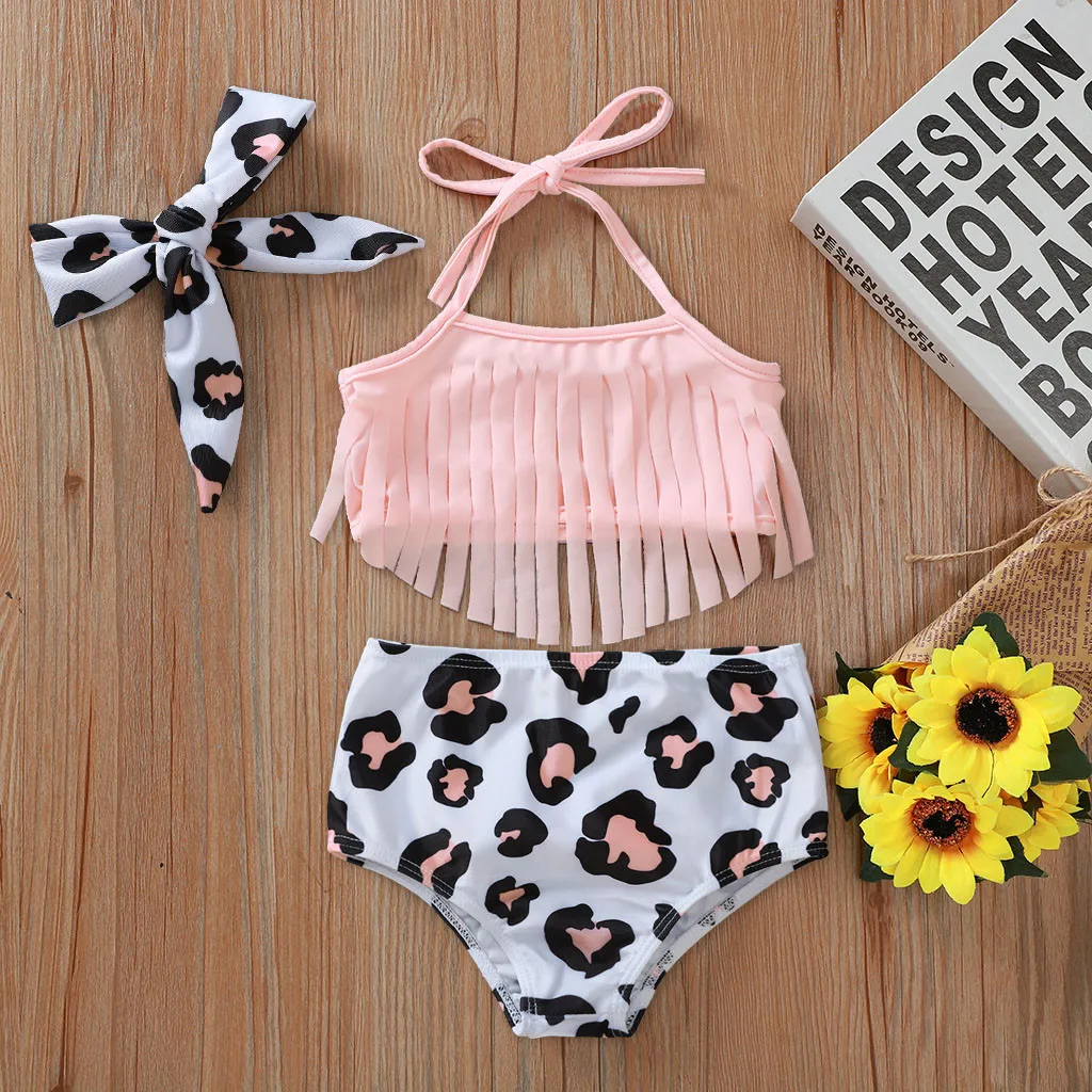 

TELOTUNY Swimwear Kids Baby Girls Tassel Sunflower Print Summer Swimwear High Waist Halter Two-Pieces Swimsuit Bikini Outfits