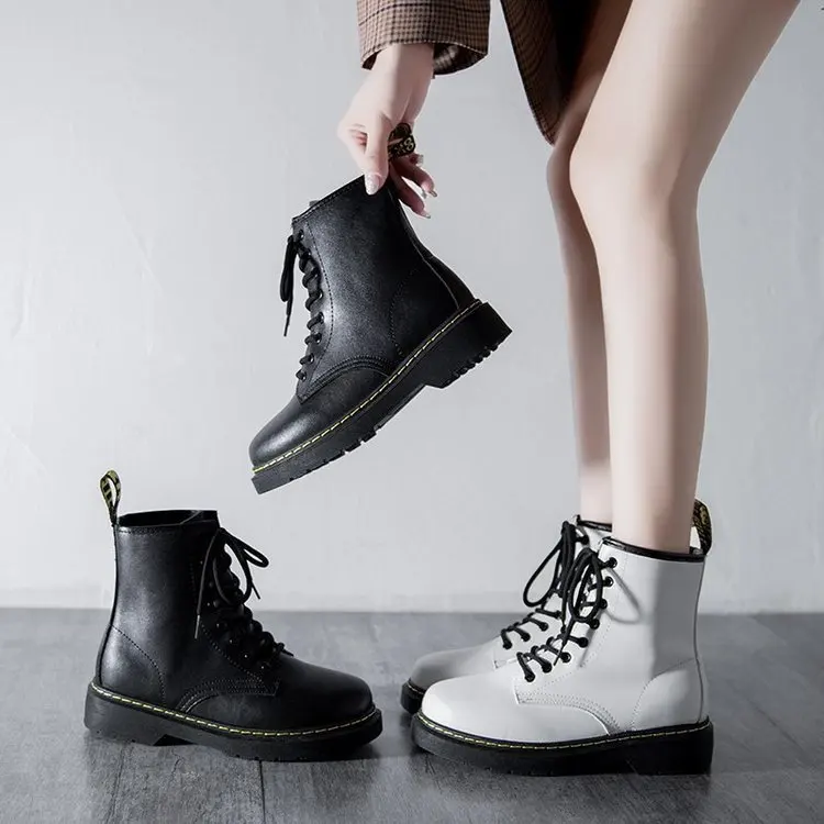 

Women Motorcycle Boots Flat Shoes Woman Martin Boots PU Leather Boots Lace-Up Women Shoes Black Boots Girls Shoes H454