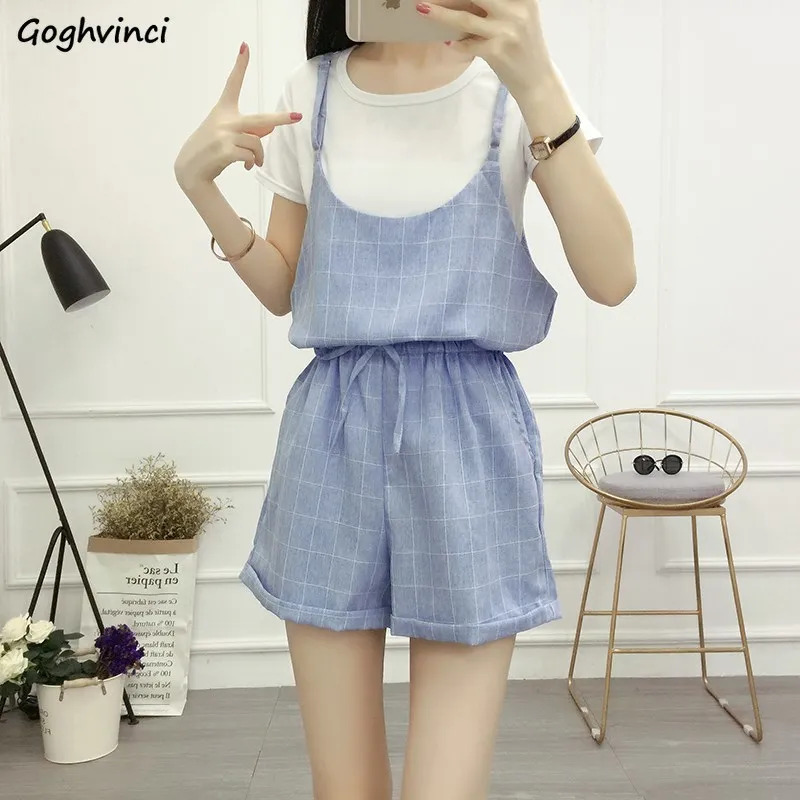 

Rompers Women Plaid Loose Thin Soft Korean Style Drawstrings High Waist Stylish Elegant Female Casual Chic Overalls All-match