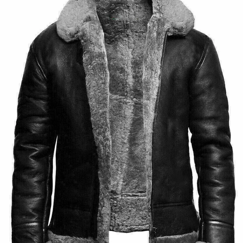 

Мужская зимняя куртка, теплая Толстая флисовая кожаная куртка, модная мотоциклетная кожаная куртка с отложным воротником, шерстяная толста...