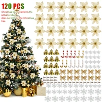 120 pcsset christmas tree hanging ornament glitter gold flower sets pendant for home xma party snowflakes bells decoration