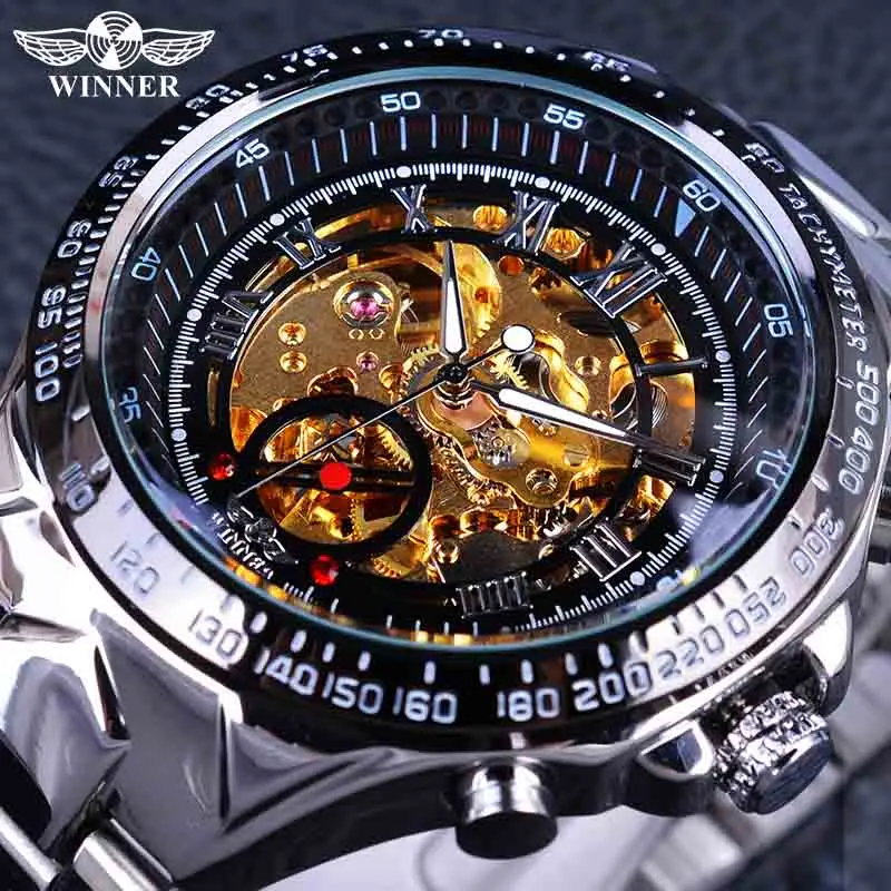 

Часы наручные Winner Мужские механические, Классические брендовые Роскошные модные автоматические часы-скелетоны с золотистым механизмом