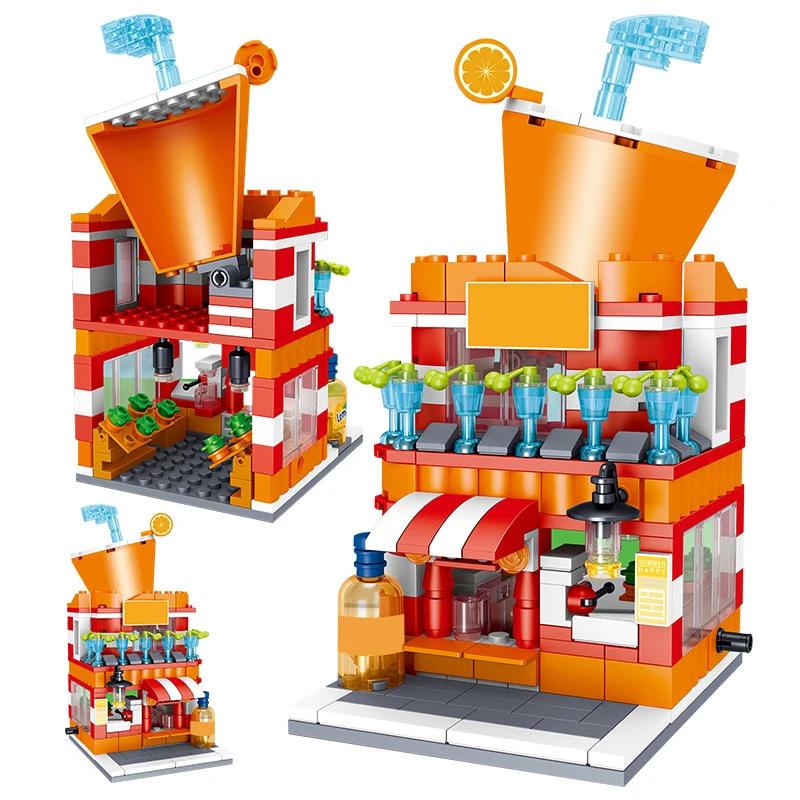

City Mini Street View 3D Model Building Blocks Beer Bar Lemon Juice Drink Store Architecture Bricks Sets Toys For Children Gifts