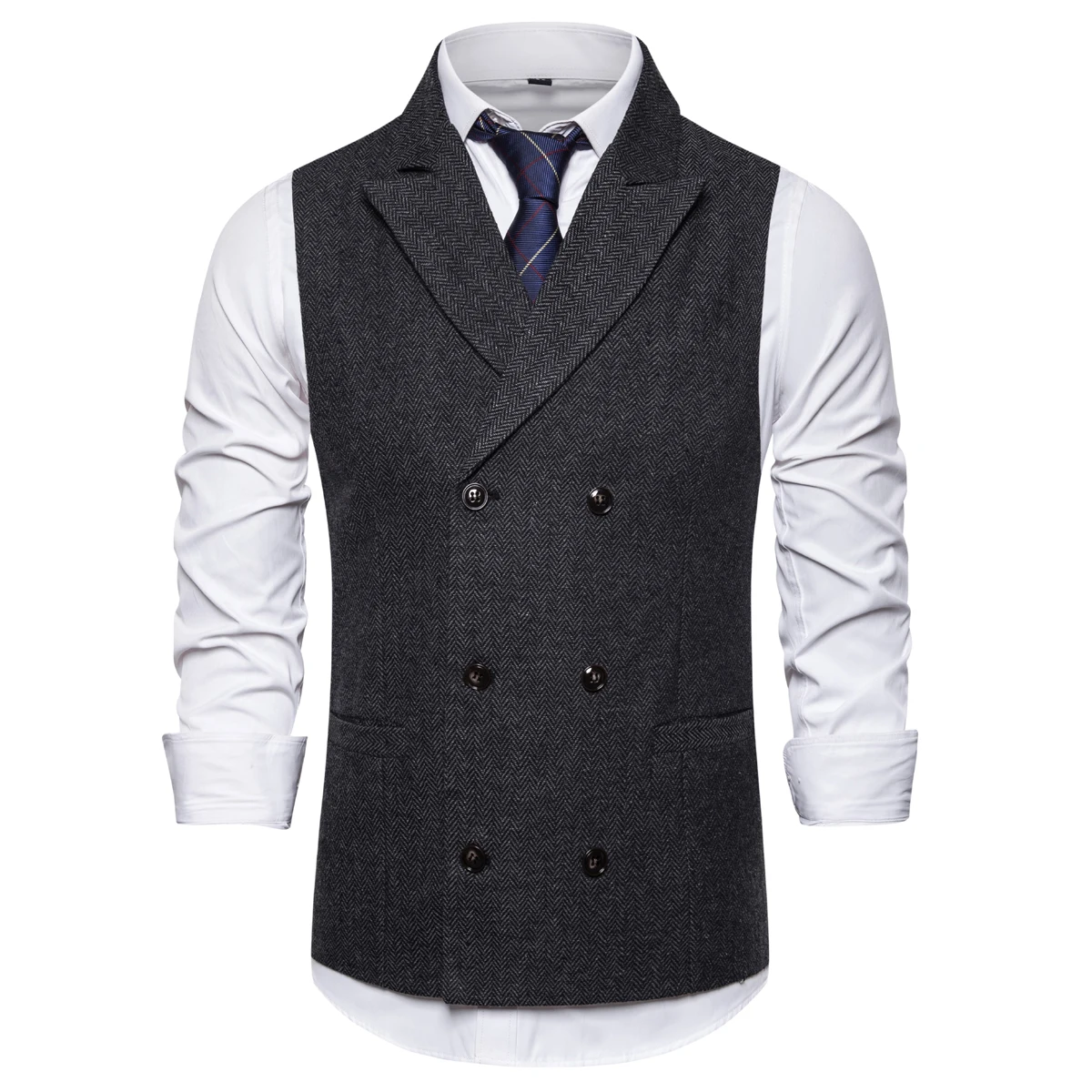 Brand Men's Waistcoat Fashion Retro Tweed Vests Classic Sleeveless Plaid Suit Vest British Style Double Breasted Gilet