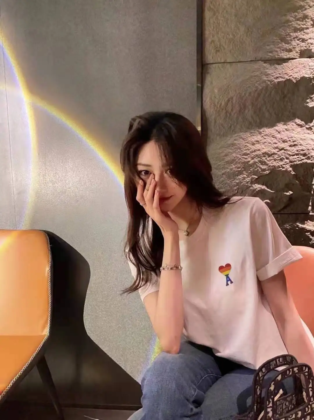 

Summer 2021 New AMI Rainbow Heart Embroidered Short Sleeve Summer New Love-and-pair Loose Round Collar T-shirt Trend