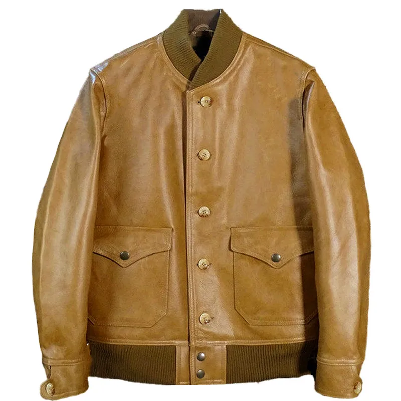 

Luxury Brand Baseball Uniform Batik Brown Top Layer Cowhide Single-Breasted Casual Men Slim Genuine Leather Jacket Spring Autumn