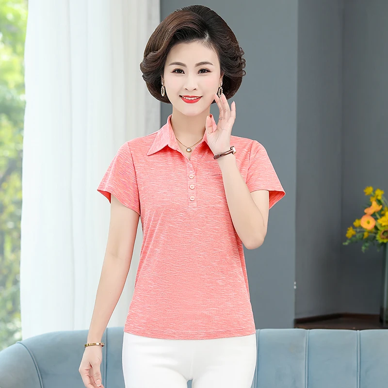 

Middle Aged Women Summer Casual Blue Pink Red Polo Shirt With Breast Welt Pocket Design Short Sleeve Turn Down Collar Top 5xl