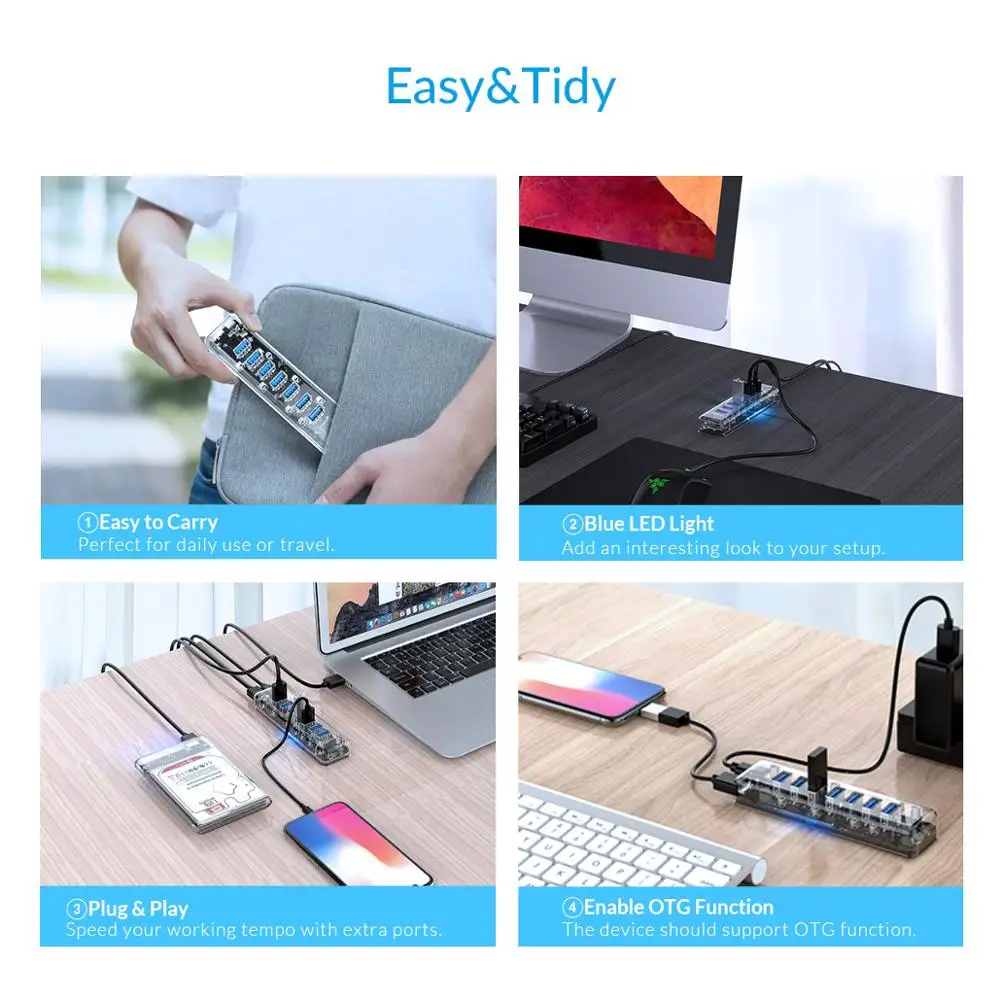 ORICO Прозрачный USB 3,0 концентратор с двойным портом питания 7 портов высокоскоростной портативный USB3.0 сплиттер OTG адаптер для настольного ПК