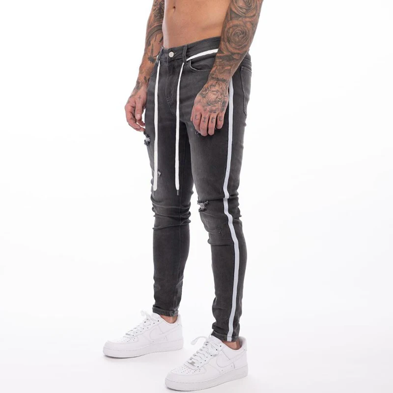 

2021 European Foreign Trade New Men's White Slim Hole Leg Pants Europe Station Leg Men's Jeans Men's
