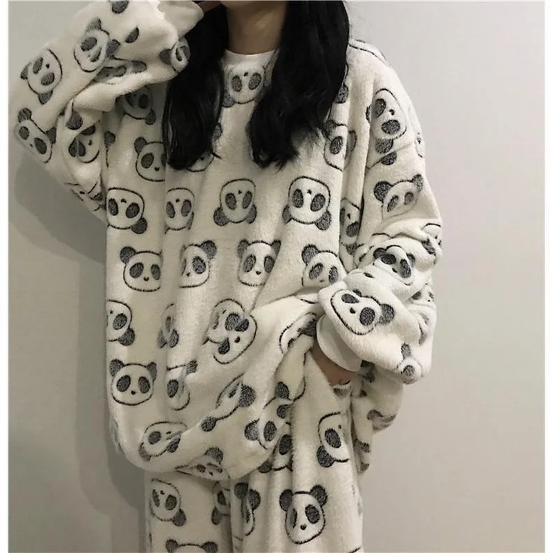 

QWEEK Pijamas Women Kawaii Panda Print Flannel Pajamas Autumn Winter Sleepwear Home Clothes Long-sleeved Trousers Pyjamas Warm