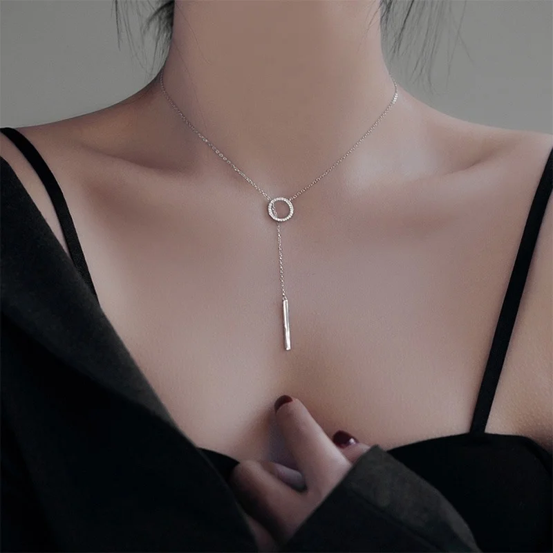 

Trendy 925 Sterling Silver Circle Zirconia Long Chain Necklace Shiny Stick Pendants Necklace for Girl Gift Fine Jewelry