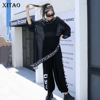xitao letter patchwork two piece set women fashion casual hooded elastic waist 2020 new autumn plus size women clothes zyq4337