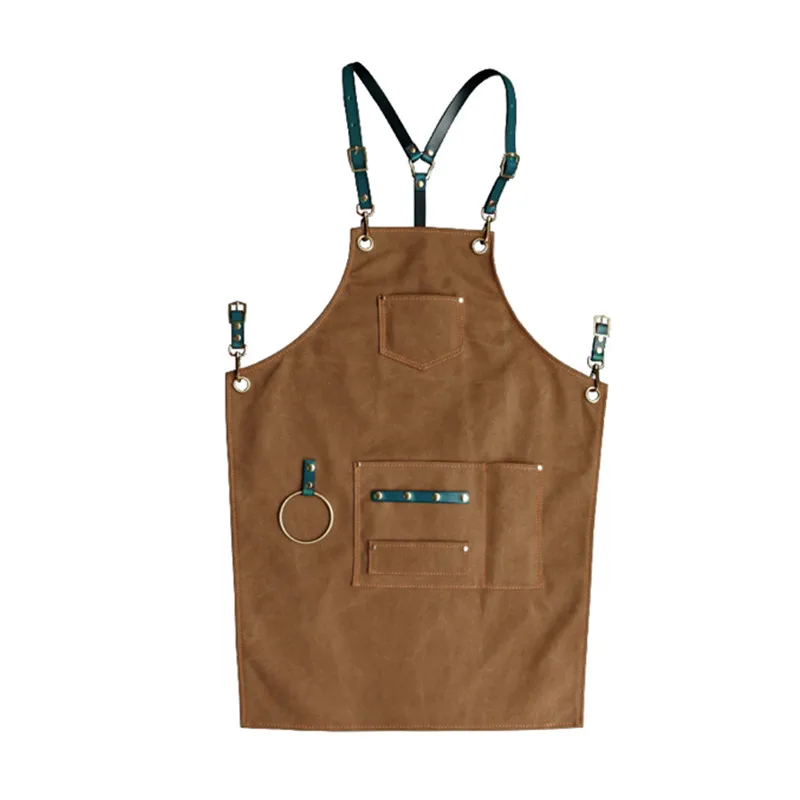 BrownCanvasBlueStrap Брезентовый фартук с кожаным ремешком бариста бармен Бейкер официантка Униформа парикмахер флорист парикмахер садовник живописец рабочая одежда D55 - Цвет: BrownCanvasBlueStrap