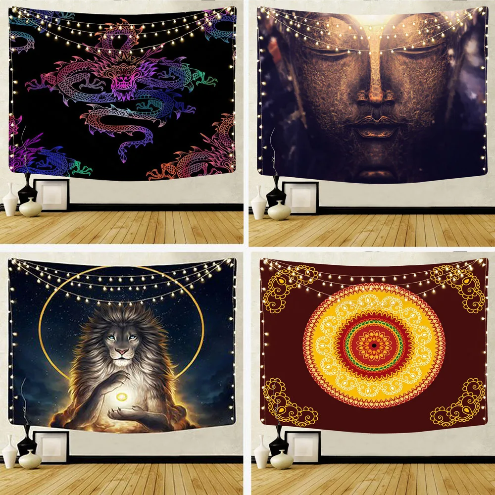

Настенный гобелен с психоделическими животными, Будда, дракон, Лев, домашний фон с мандалой, ткань, Йога, одеяло для спальни, Фреска, украшени...