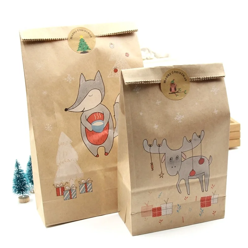 

12pcs Christmas Kraft Paper Candy Bag Xmas Stickers Set Fox Moose Gift Paper Bag Xmas Candy Food Cookies Packaging Bags
