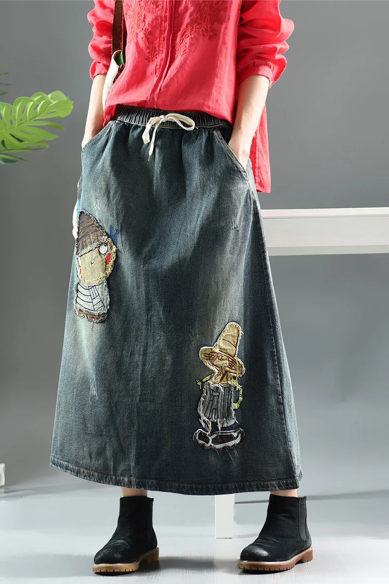 Осенняя юбка в стиле ретро Женская свободная джинсовая с эластичной резинкой на