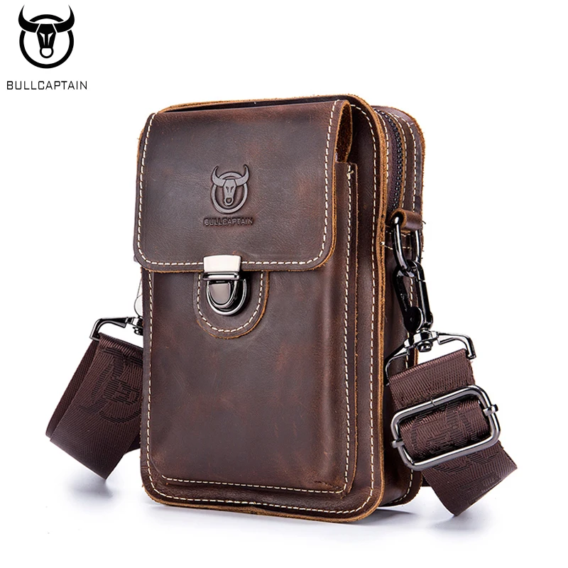 BULLCAPTAIN Men's Belt Bag Leather Belt Phone Bag Head Layer Cowhide Casual Trend Multifunctional Single Shoulder Messenger Bag