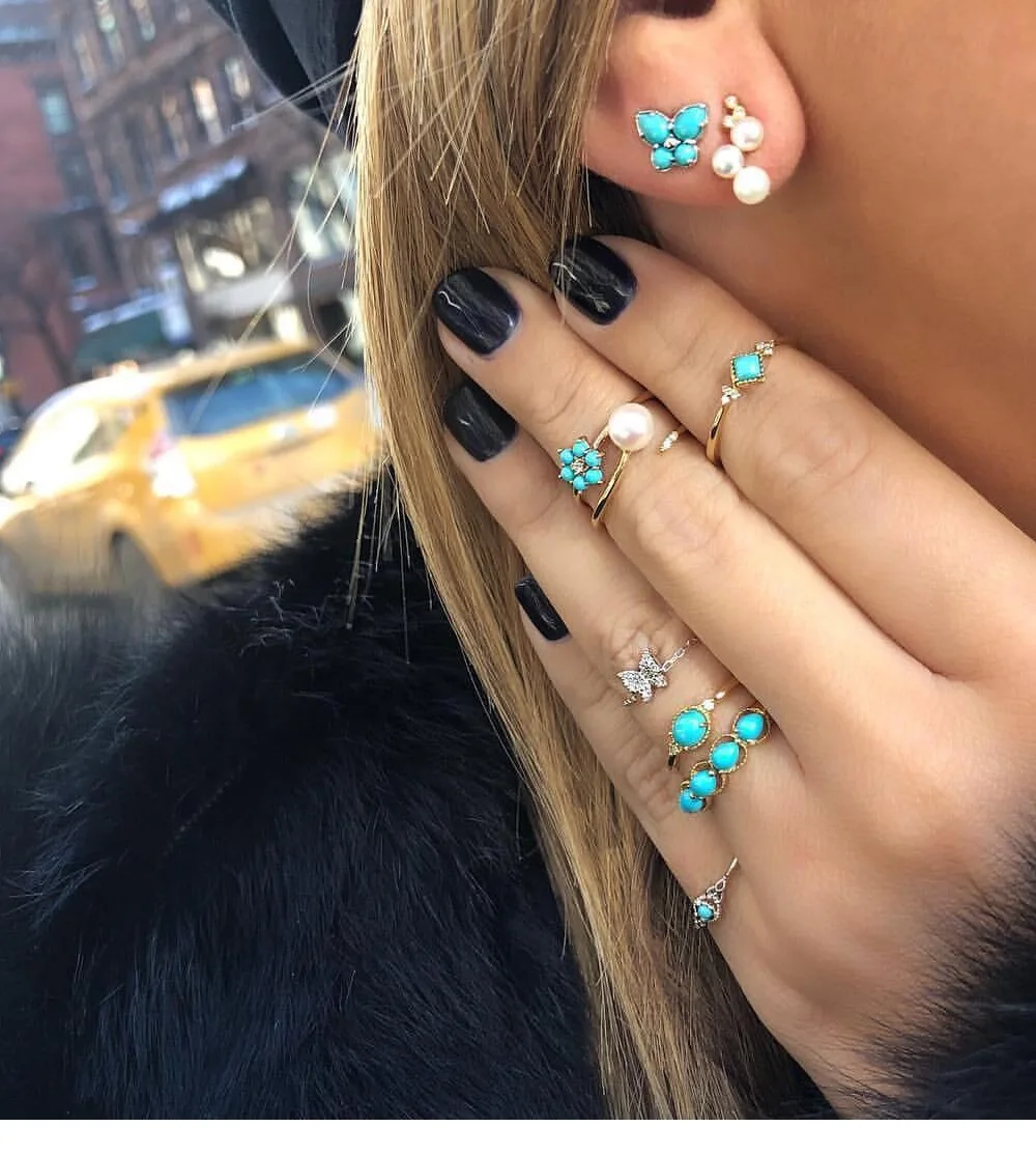 

New Fashion Suit Jewelry European And American Street Shot Blue Turquoise Pearl 8-piece Set Ring Earring Combination