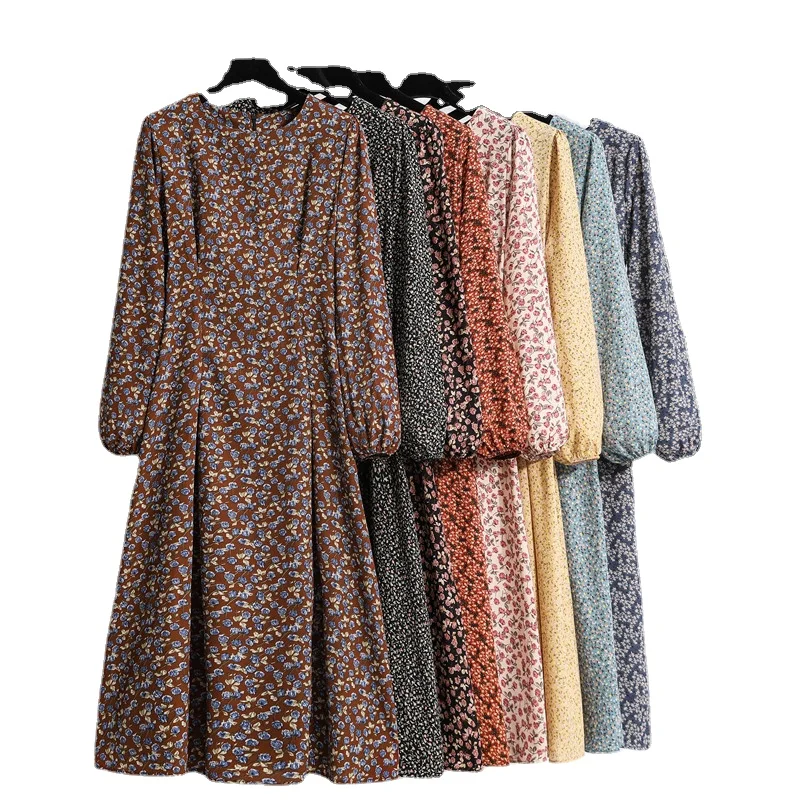 

New Autumn and Winter Dress Ladies Korean Retro Floral Chiffon Dress Long Sleeve Round Neck Dress Women's Clothing A-line Full
