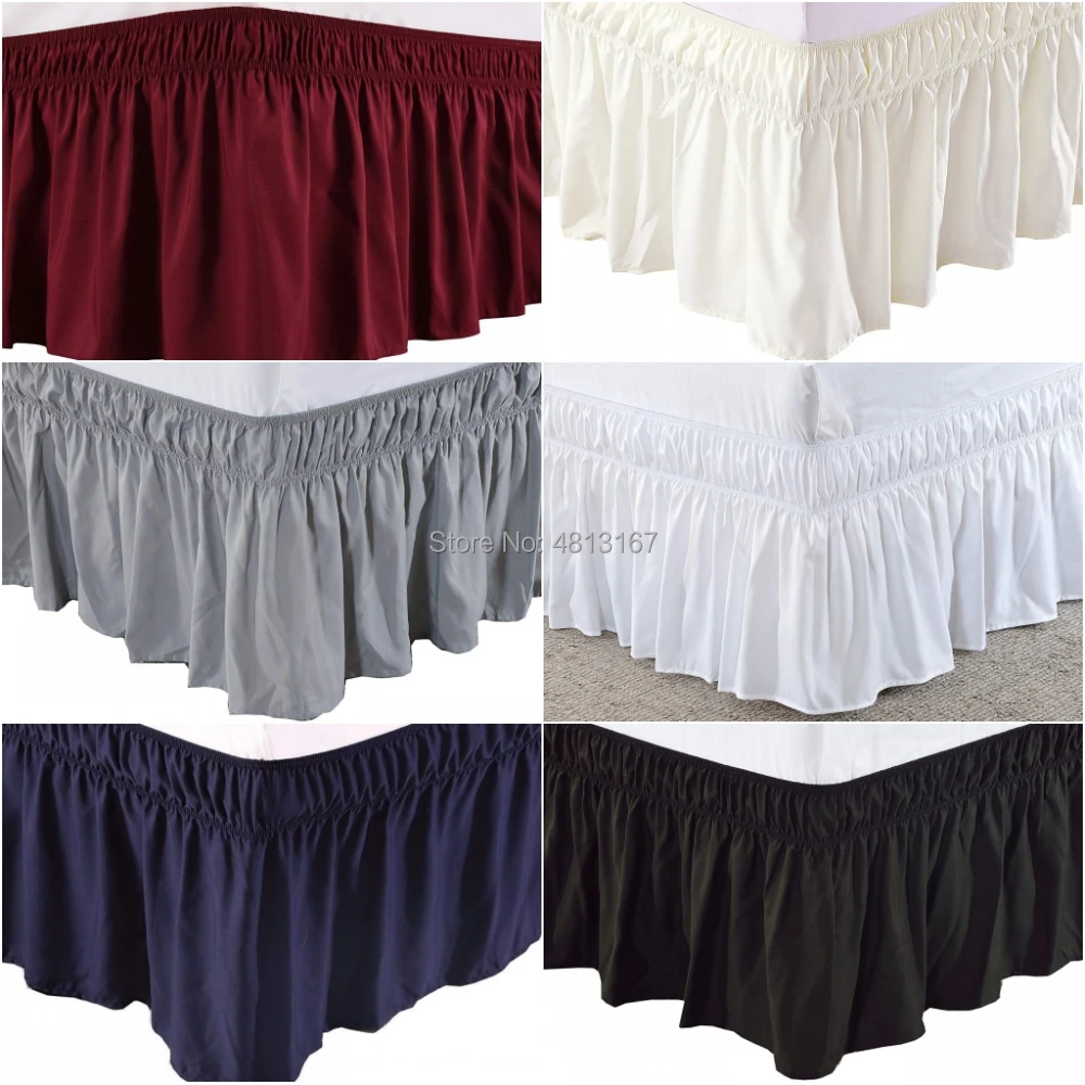 

Wrap Around Bed Skirt Elastic Dust Ruffled 3 Fabric Sides Easy Fit Wrinkle & Fade Resistant Solid Color 15" Drop Full Queen King