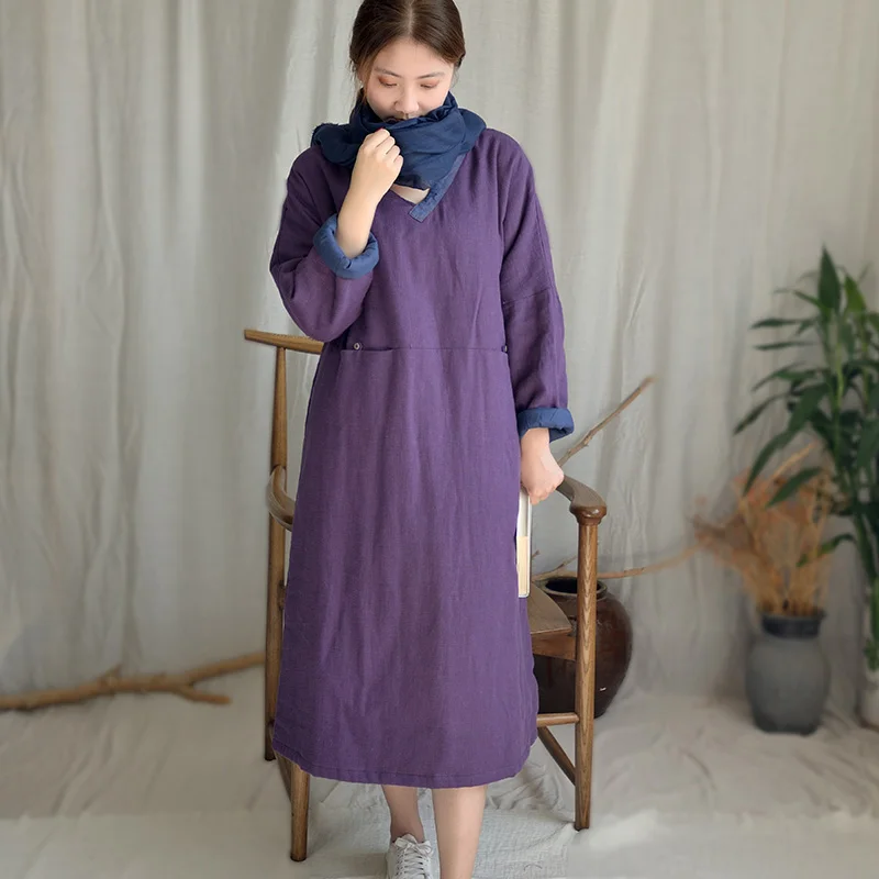 Purple SCUWLINEN/ Женское зимнее платье, однотонное, с v-образным вырезом, в стиле пэчворк, в стиле ретро, плотное, теплое, свободное, с хлопковой подкладкой, длинное платье дзен, S1004 - Цвет: Purple