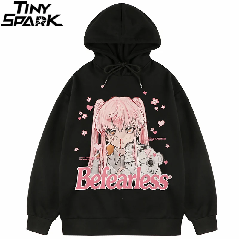 

Men Hoodie Sweatshirt Hip Hop Streetwear Anime Girl Bear Print Harajuku Pullover Cotton Fleece 2021 Autumn Hooded Hoodie Black