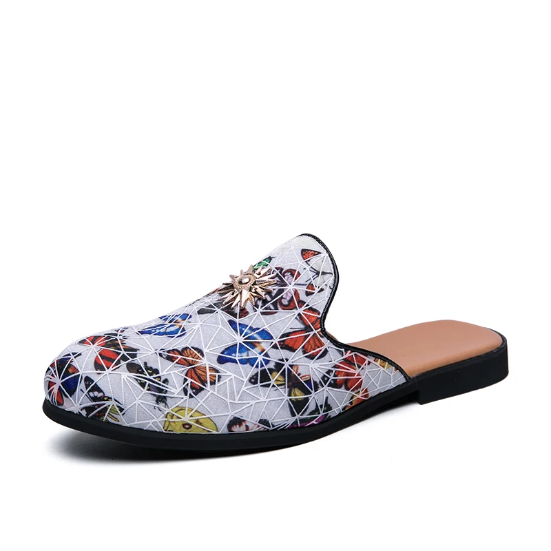 Leather Mules Men Shoes Casual Man Slippers Summer Design Fashion Male Footwear 38-45 Black White Colorful Butterfly | Обувь