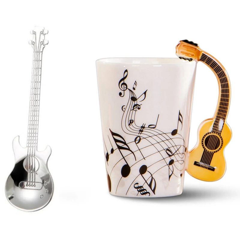 

1 шт. Серебряная Милая кофейная ложка из нержавеющей стали, гитарная ложка и 1 шт. ручка для гитары, керамическая чашка, чашка для кофе, молока,...