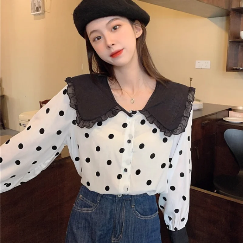 

Woman Shirt 2021 Autumn New Korean Fashion Wild Doll Collar Elegant Polka Dot Design Top Gentle Long-sleeve Blouse Women Shirts