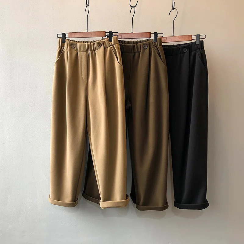 

2021 зимние женские Костюмные брюки из плотной смесовой шерсти в Корейском стиле прямые свободные эластичные повседневные брюки с высокой та...