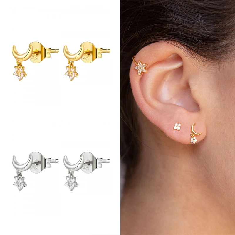 

925 Silver Ear Needle Moon Stud Earrings for Women Exquisite Star Pendant Crystal Earrings Korean Fashion Females Jewelry Gift