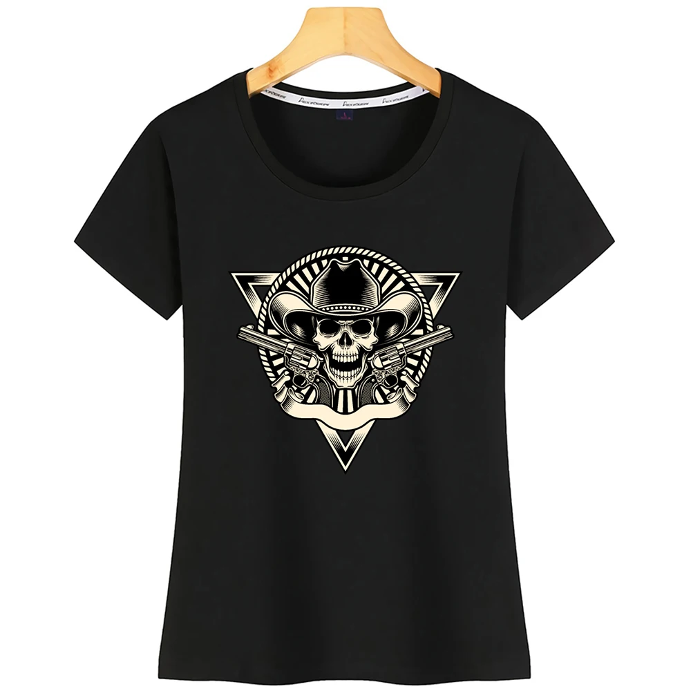 Топы Футболка Для женщин череп ковбоя с револьверы журнал Пикантная белая