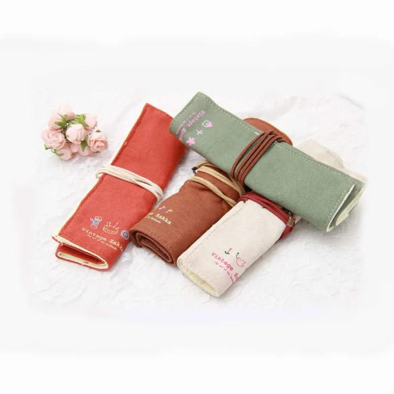 

Creative Retro Canvas Pencil Case Roll Leather PU Pencil Bag Storage Pouch For Stationery School Supplies Multi functional Bag