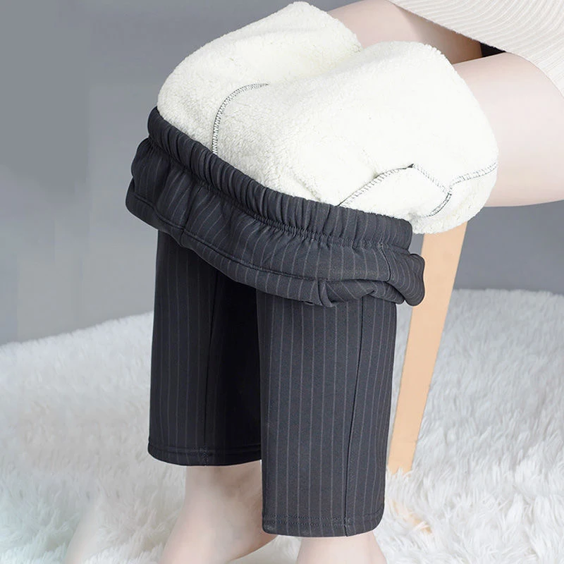 

Зимние очень теплые брюки для матери плюс оверсайз из шерсти ягненка с высокой талией Элегантные свободные утепленные флисовые клетчатые б...