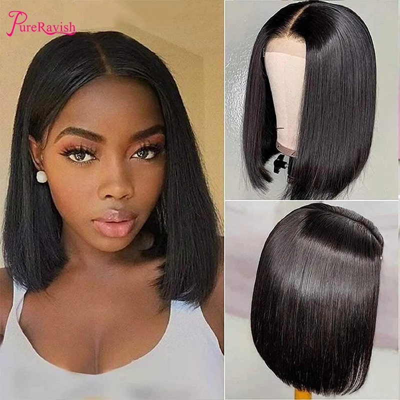10Inch Short Straight Bob Wigs Human Hair Lace Frontal Wigs 13x4 Brazilian Wigs Pre Plucked With Baby Hair Natural Black
