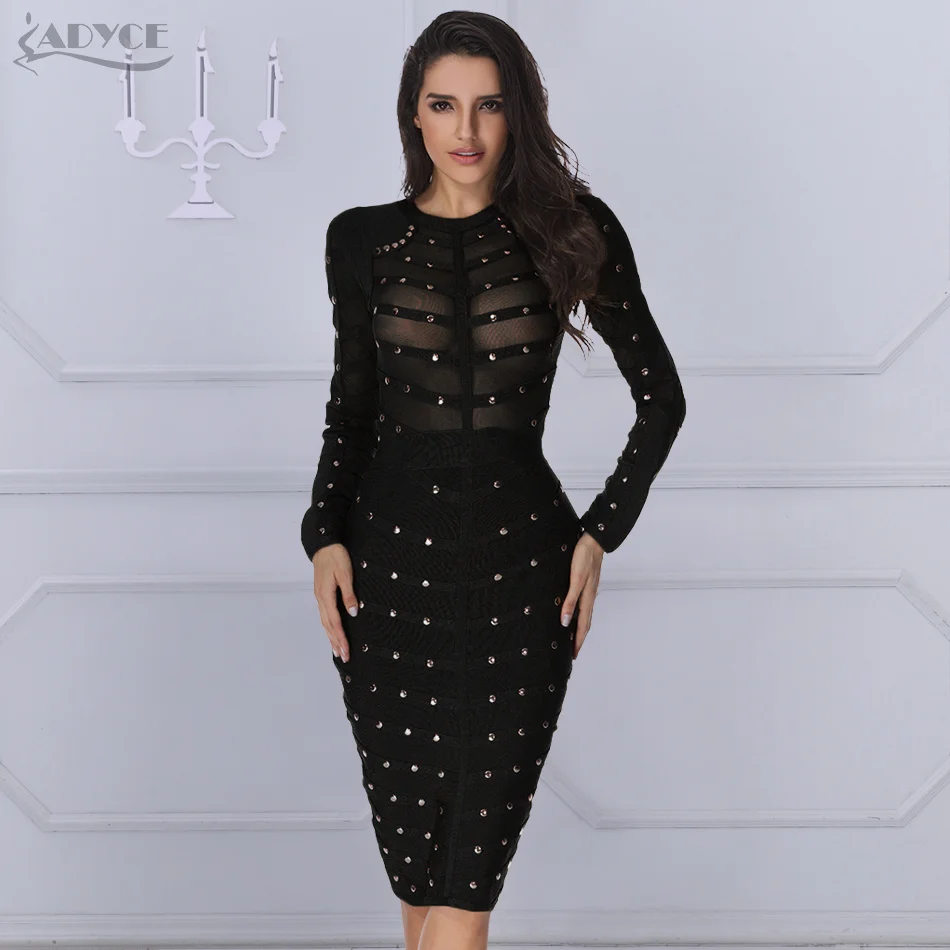 

Adyce 2021 New Women Black Lace Bandage Dress Autumn Midi Long Sleeve Sexy Mesh Bead Bodycon Club Celebrity Party Club Dresses