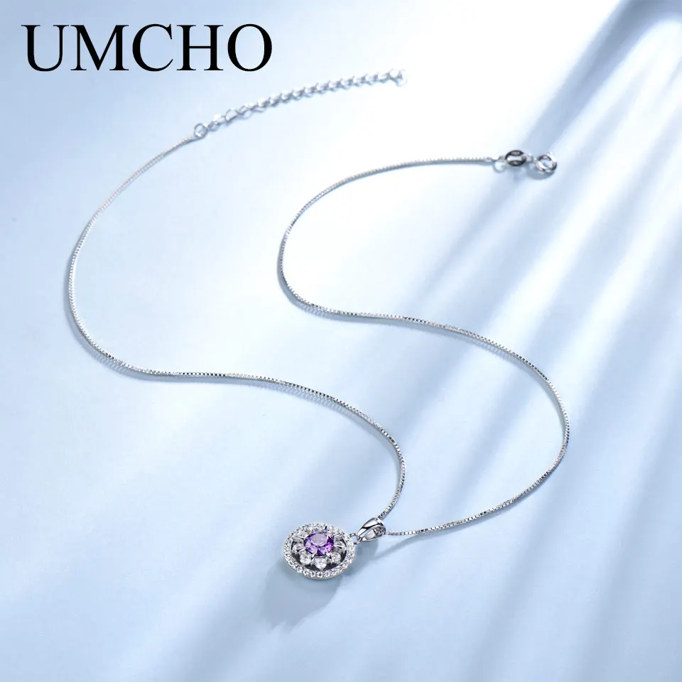 UMCHO твердая 925 пробы Серебряная аметистовая Подвеска для колье драгоценный камень для девочки подарок хорошее ювелирное изделие