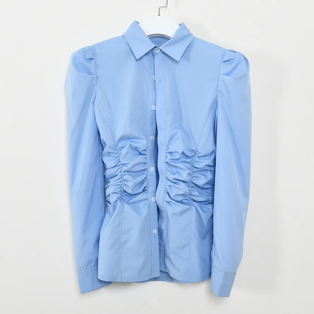 

MosiMolly 2021 Trendy Spring Shirt Blouses Tops Women Sexy Shirred Blouses Blue Blouses Female Blusas Puff Sleeve Shirt