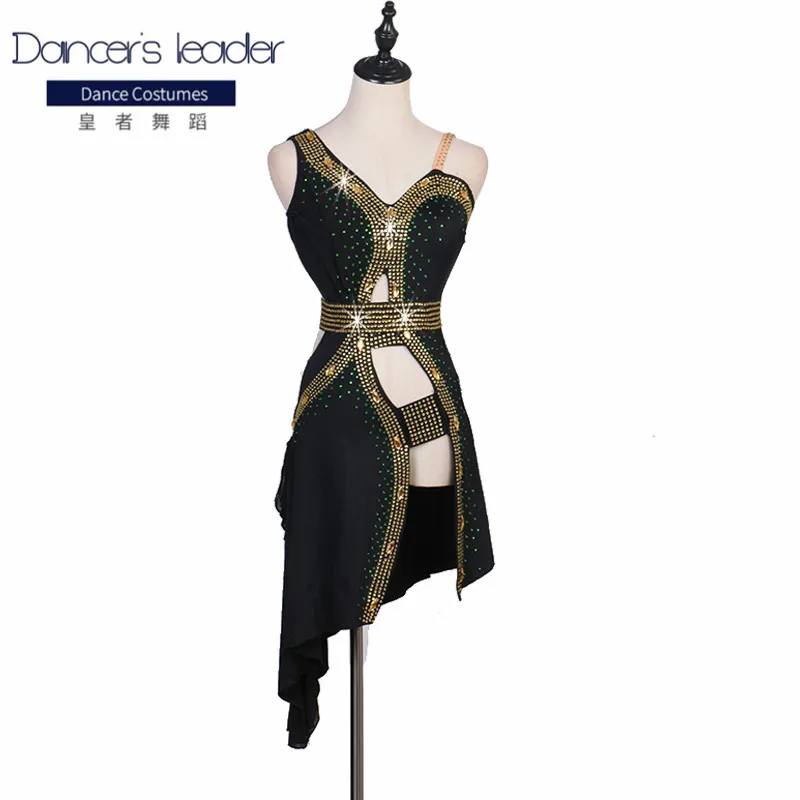 Женское платье с бахромой темно-зеленое для латиноамериканских танцев ажурная