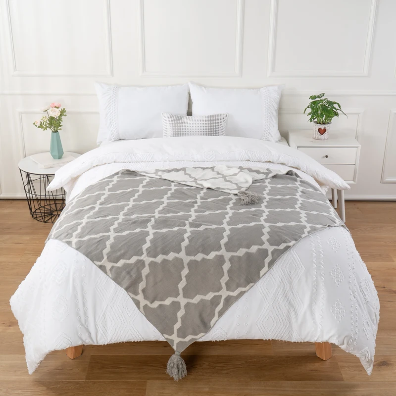 Мягкое вязаное пледовое одеяло с геометрическим узором и кисточкой 50 дюймов на 60