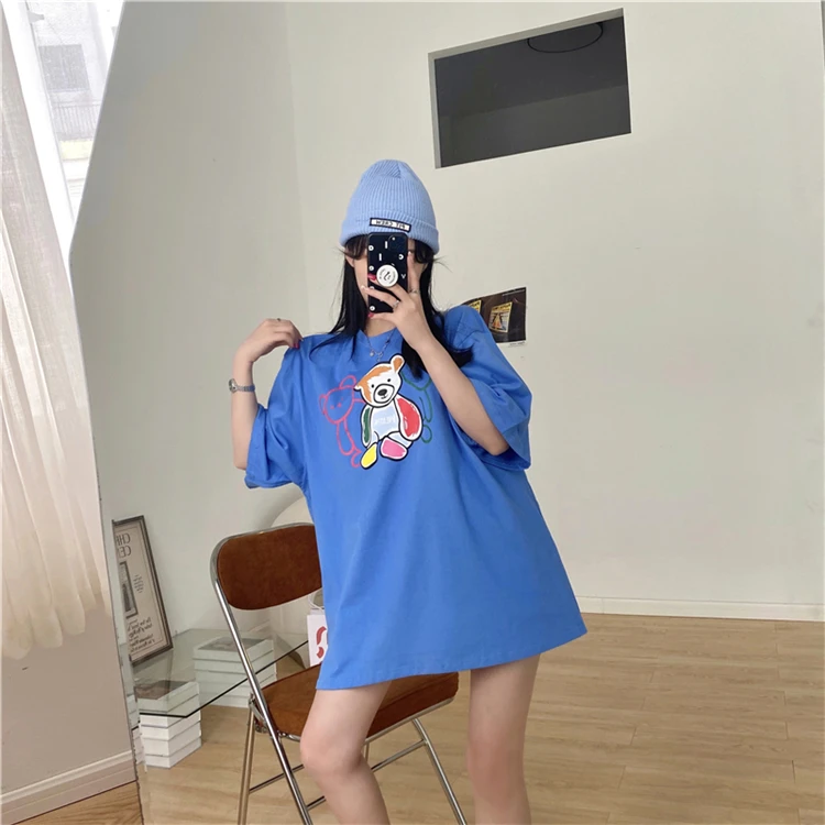 

YTX035 Summer 2021 Korean style explosive bottoming shirt loose cute graffiti bear short-sleeved T-shirt women