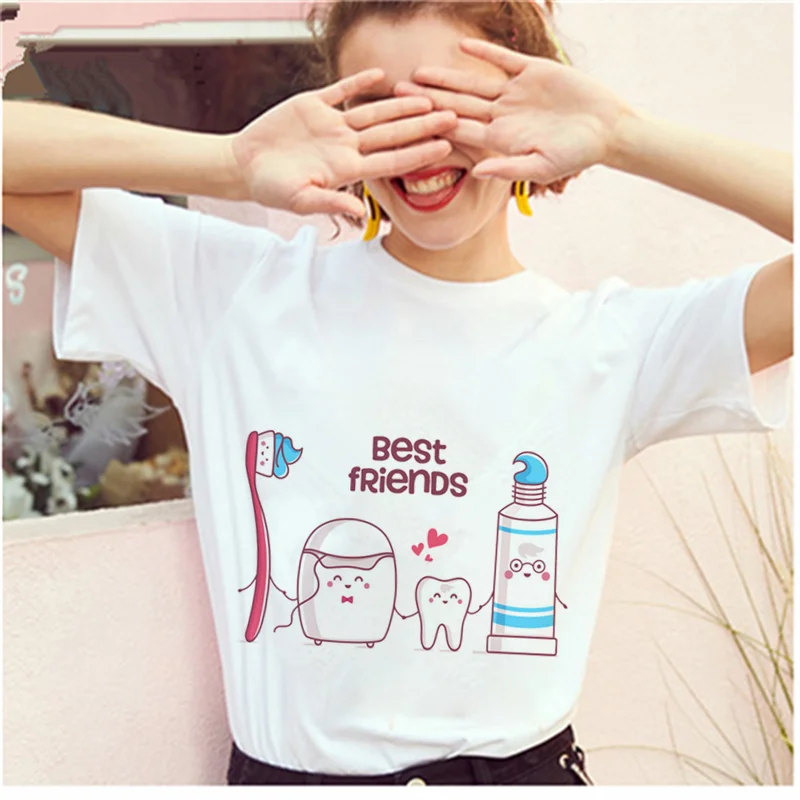 

Ladies Fashion T-shirt Kawaii Harajuku 90s O-neck T-shirt AOWOF Cartoon Funny Aesthetics Toothbrush Toothpaste Print T-shirt