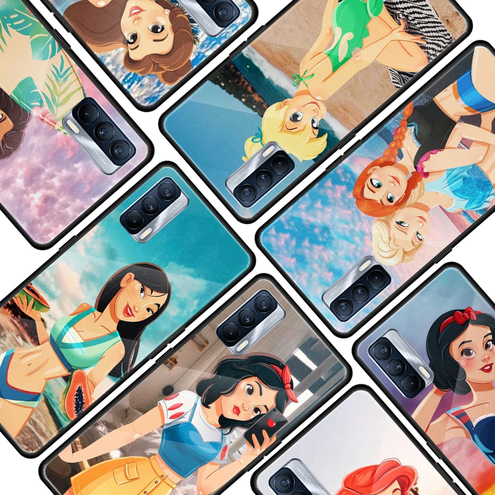 

Disney Beach Princess for OPPO Realme 7i 7 6 5 Pro C3 XT A9 2020 A52 Find X2Lite Luxury Tempered Glass Phone Case Cover